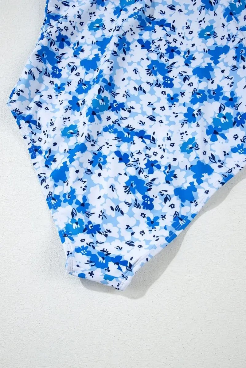 Blue Bohemian Floral Ruffled Lace-Up One-Piece Swimsuit - Love Salve